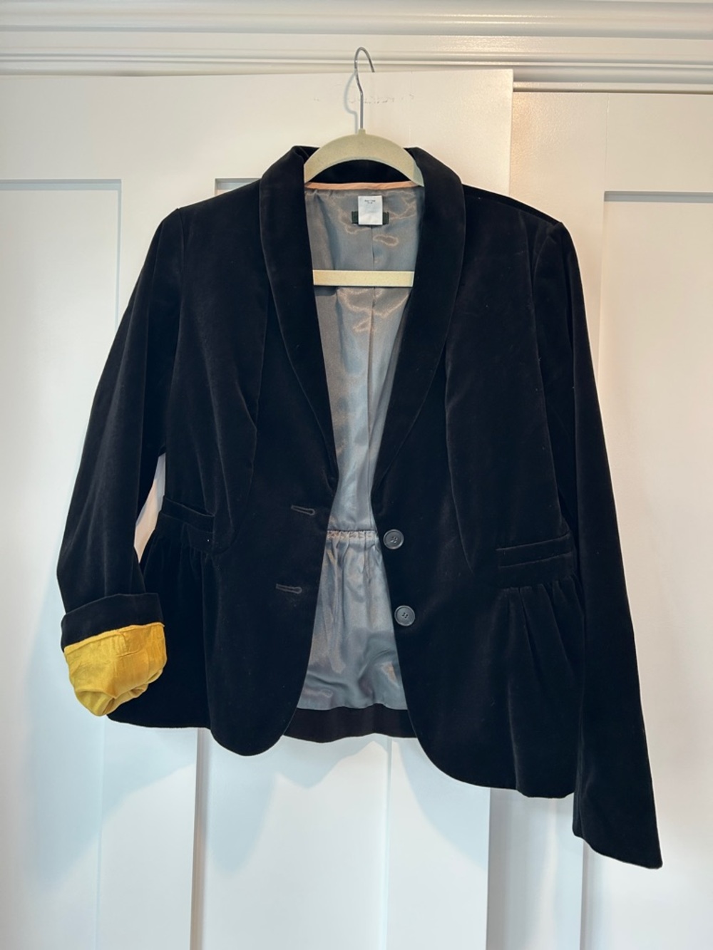 J. Crew Black Velvet Blazer with Yellow Cuff Detail